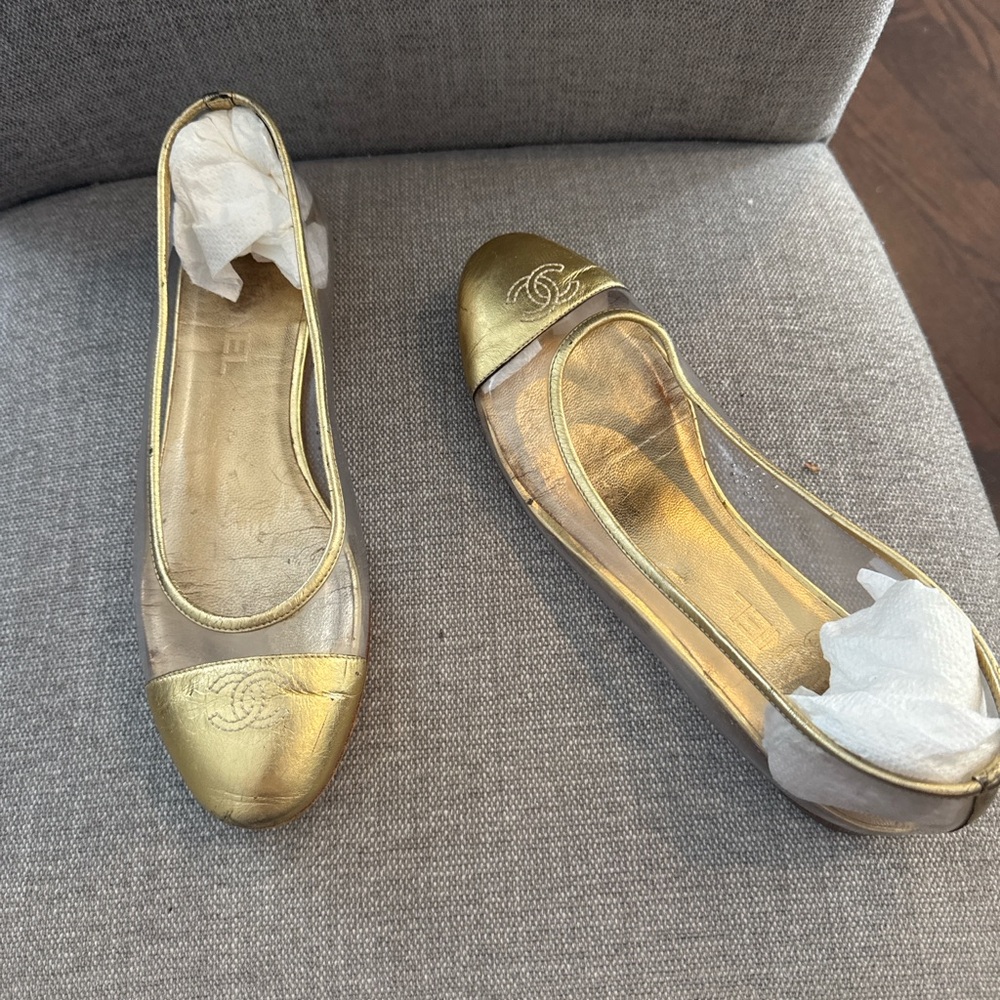 CHANEL Gold and Clear Mesh Cap-Toe Ballet Flats - Picture 4 of 7